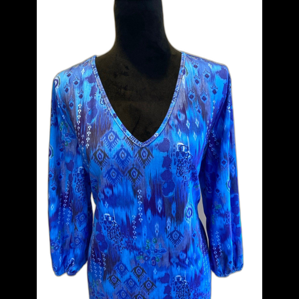 Womens Pullover Blouse Plus Size XL Blue Peacock‎ Aztec Pattern V Neck + Stretch